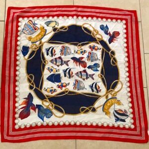 Nautical Fish Print Scarf - Red, Blue, White, 33x33